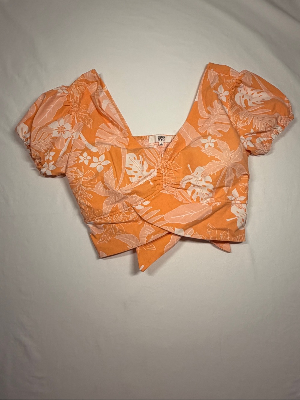 NYC W-LOrange Tropical Print Puff Sleeve Crop Top